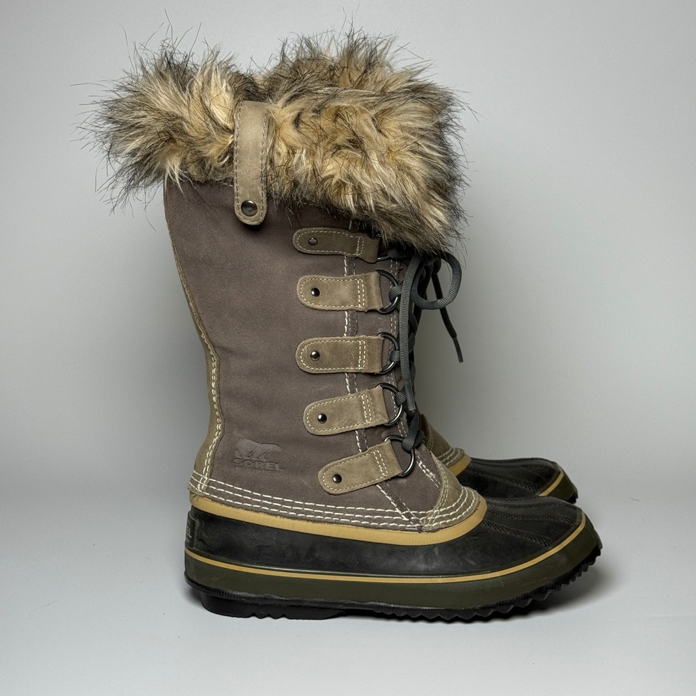 Sorel Womens Leather Boot 7 Gray Black Lined‎ Faux Fur Snow Winter Cabincore
